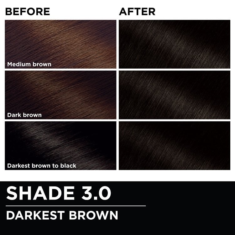 Before and after hair swatches demonstrating the color transformation using Garnier Olia