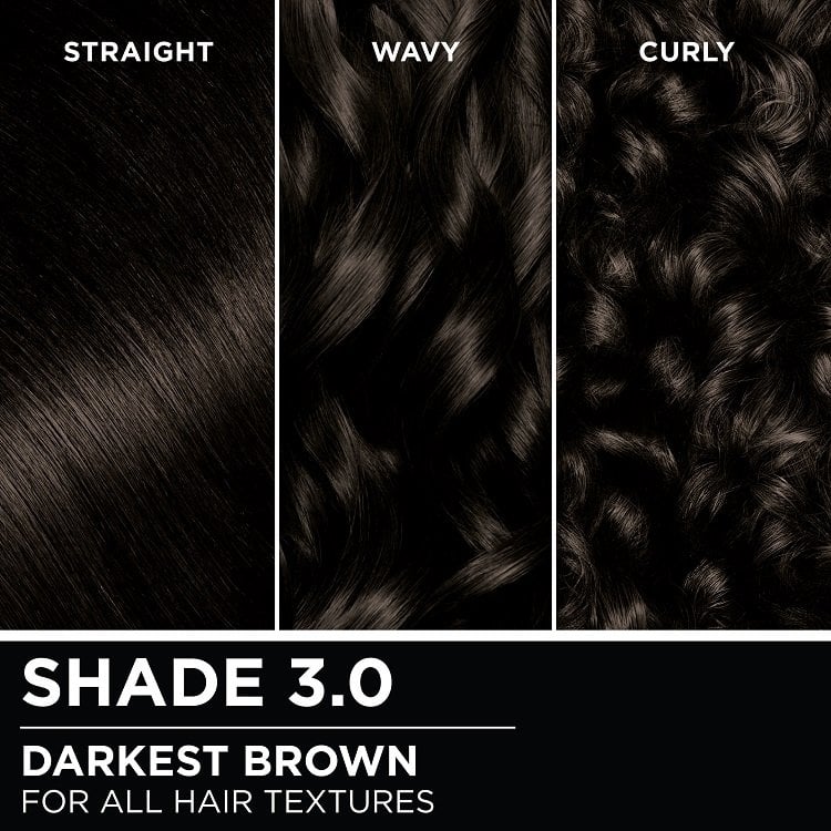 Hair swatches displaying Garnier Olia on straight, wavy, and curly hair textures.