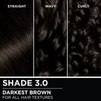 Hair swatches displaying Garnier Olia on straight, wavy, and curly hair textures.