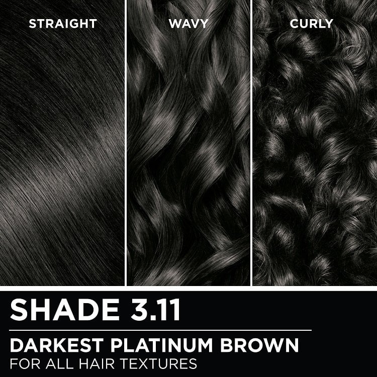 Hair swatches displaying Garnier Olia on straight, wavy, and curly hair textures.