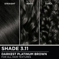 Hair swatches displaying Garnier Olia on straight, wavy, and curly hair textures.