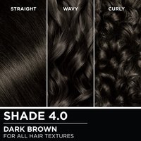 Hair swatches displaying Garnier Olia on straight, wavy, and curly hair textures.