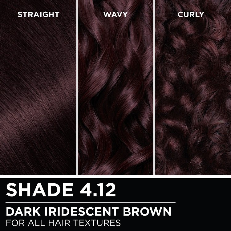 Hair swatches displaying Garnier Olia on straight, wavy, and curly hair textures.