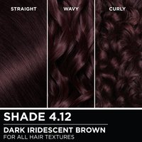 Hair swatches displaying Garnier Olia on straight, wavy, and curly hair textures.