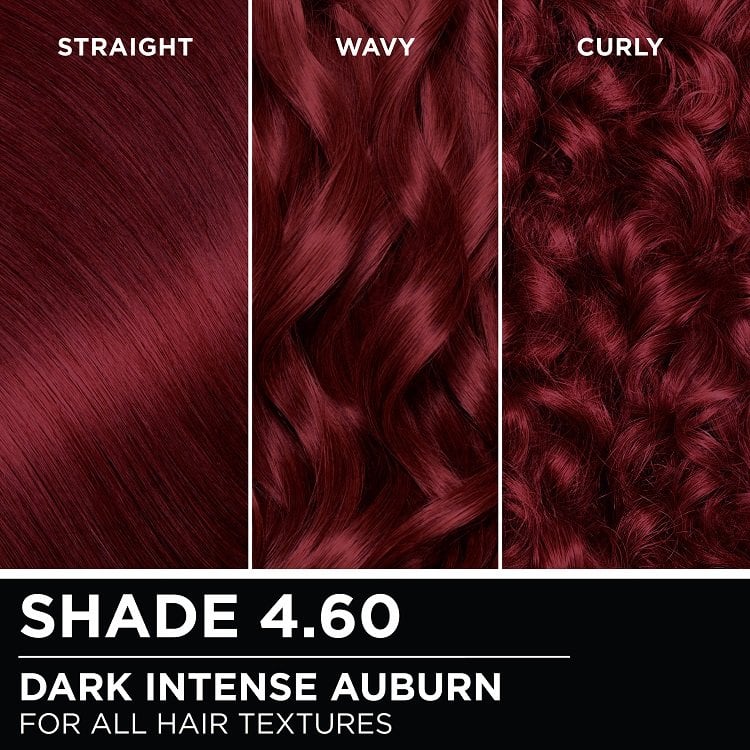 Hair swatches displaying Garnier Olia on straight, wavy, and curly hair textures.