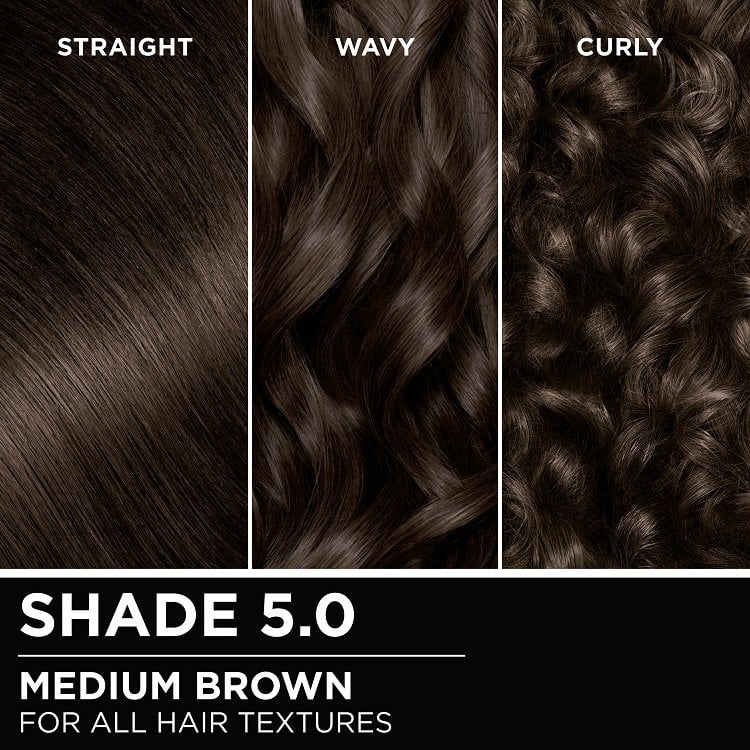 Hair swatches displaying Garnier Olia on straight, wavy, and curly hair textures.