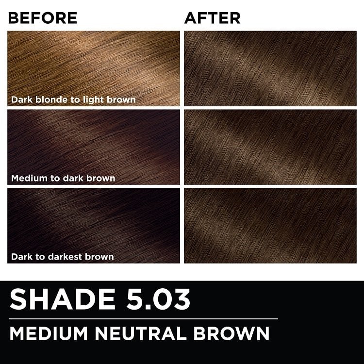 Before and after hair swatches demonstrating the color transformation using Garnier Olia