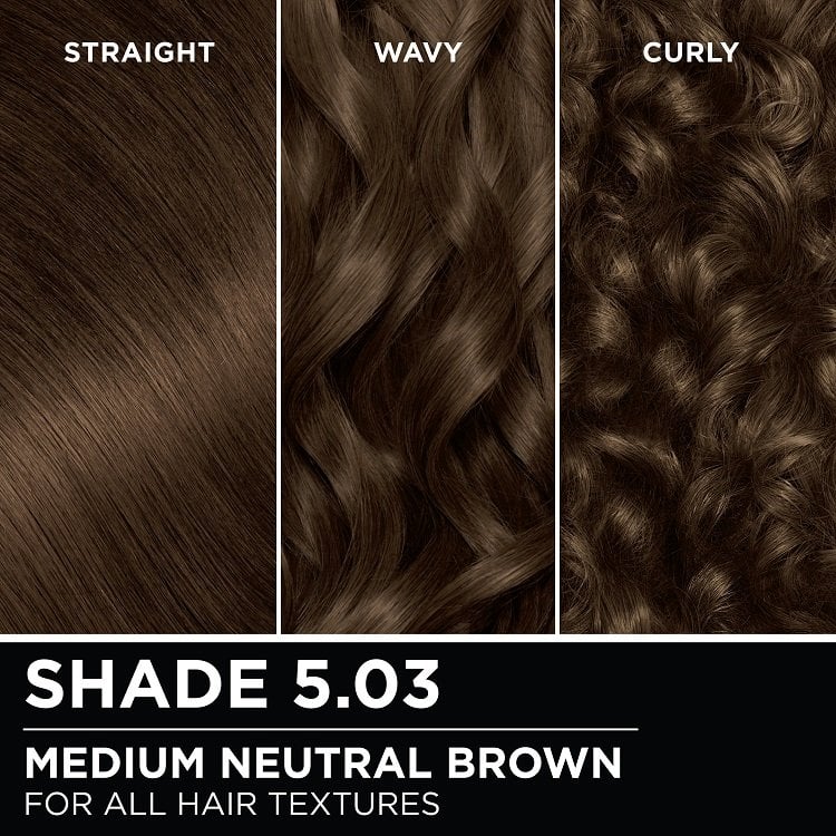 Hair swatches displaying Garnier Olia on straight, wavy, and curly hair textures.