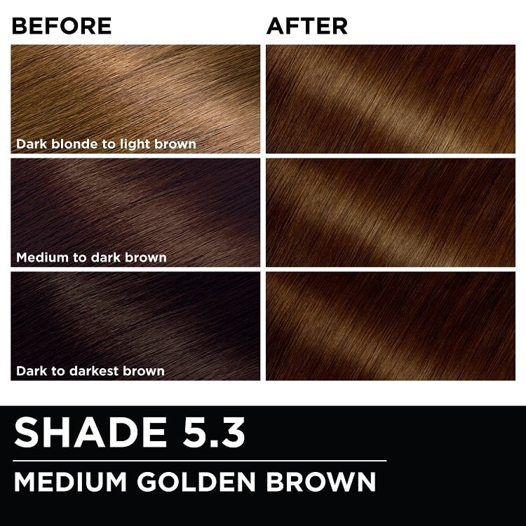 Before and after hair swatches demonstrating the color transformation using Garnier Olia