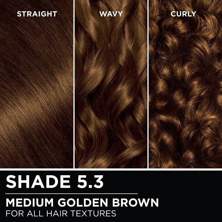 Hair swatches displaying Garnier Olia on straight, wavy, and curly hair textures.