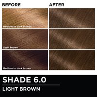 Before and after hair swatches demonstrating the color transformation using Garnier Olia