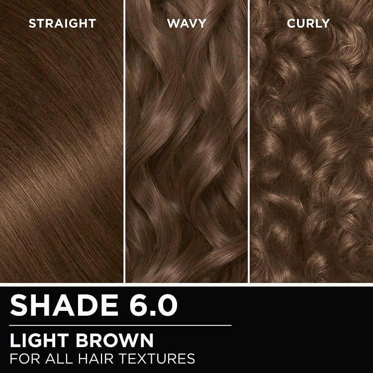 Hair swatches displaying Garnier Olia on straight, wavy, and curly hair textures.