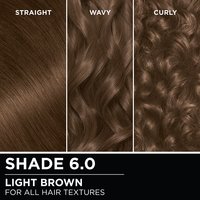Hair swatches displaying Garnier Olia on straight, wavy, and curly hair textures.