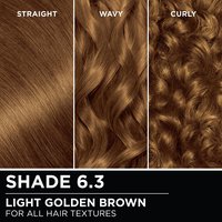 Hair swatches displaying Garnier Olia on straight, wavy, and curly hair textures.