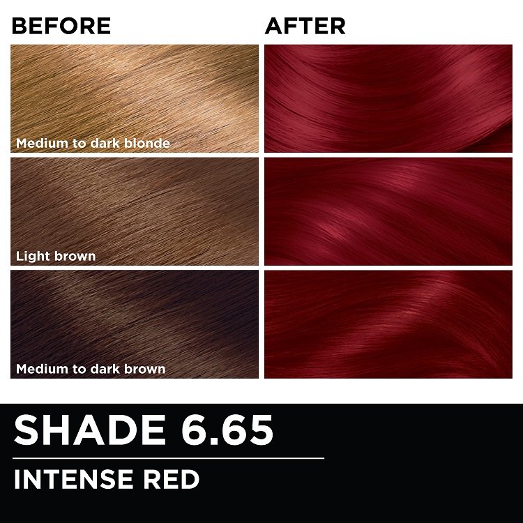 Before and after hair swatches demonstrating the color transformation using Garnier Olia