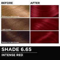 Before and after hair swatches demonstrating the color transformation using Garnier Olia