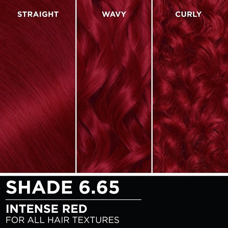 Hair swatches displaying Garnier Olia on straight, wavy, and curly hair textures.
