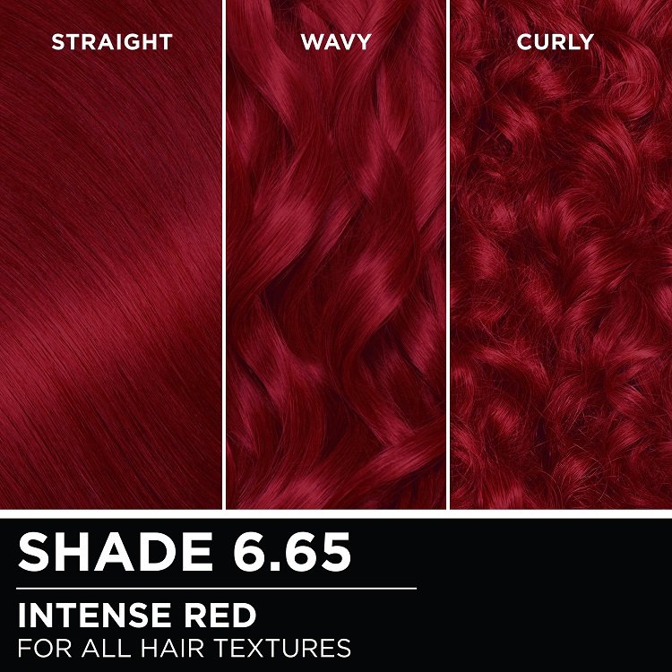 Hair swatches displaying Garnier Olia on straight, wavy, and curly hair textures.