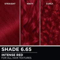 Hair swatches displaying Garnier Olia on straight, wavy, and curly hair textures.