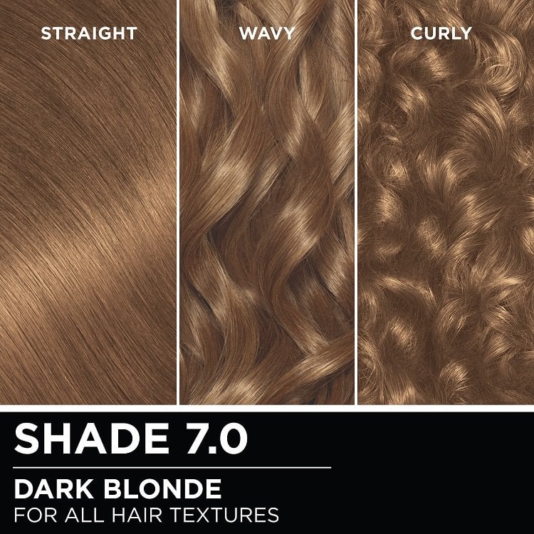 Hair swatches displaying Garnier Olia on straight, wavy, and curly hair textures.