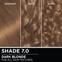 Hair swatches displaying Garnier Olia on straight, wavy, and curly hair textures.