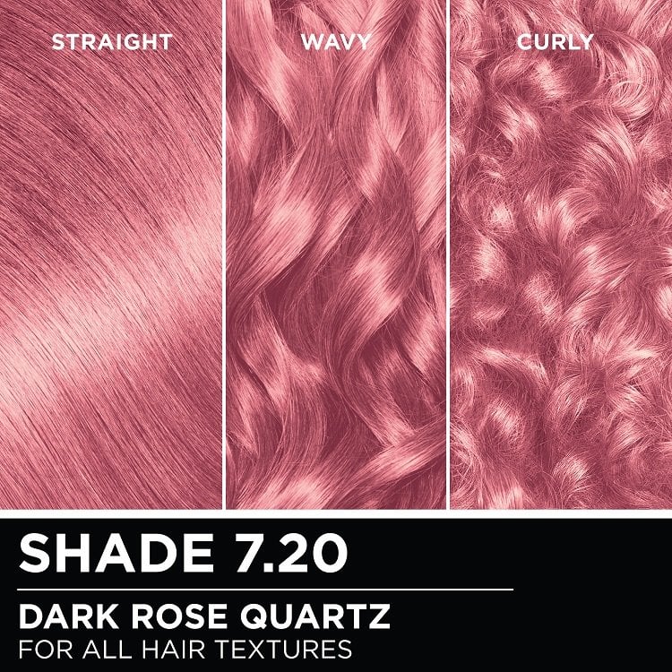 Hair swatches displaying Garnier Olia on straight, wavy, and curly hair textures.