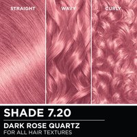 Hair swatches displaying Garnier Olia on straight, wavy, and curly hair textures.