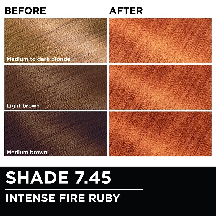 Before and after hair swatches demonstrating the color transformation using Garnier Olia