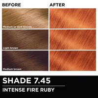 Before and after hair swatches demonstrating the color transformation using Garnier Olia