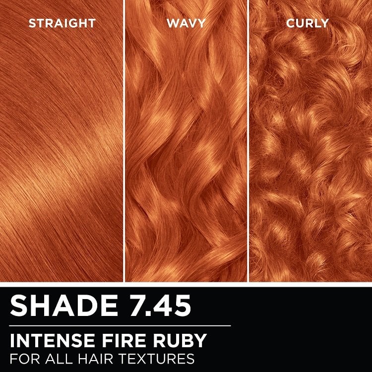 Hair swatches displaying Garnier Olia on straight, wavy, and curly hair textures.