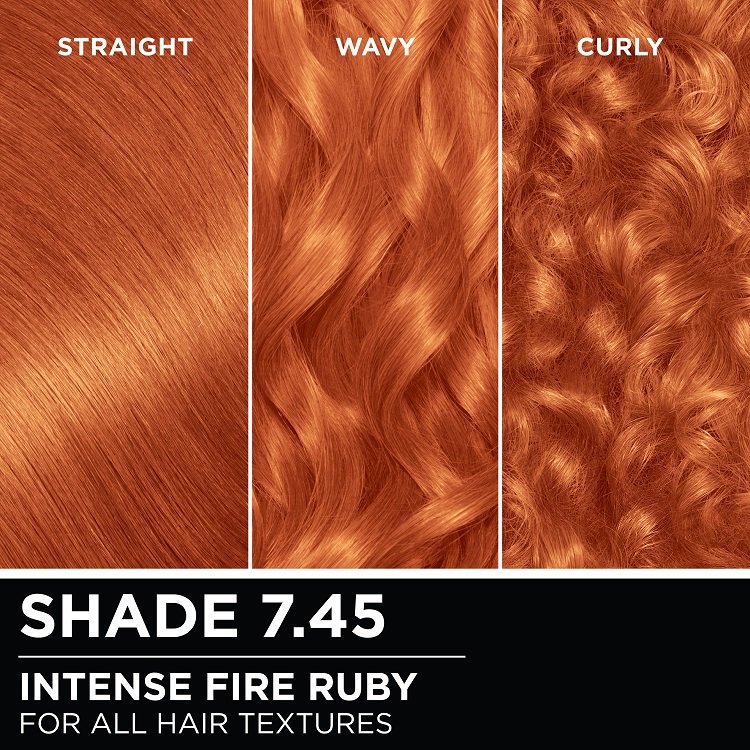 Hair swatches displaying Garnier Olia on straight, wavy, and curly hair textures.