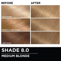 Before and after hair swatches demonstrating the color transformation using Garnier Olia