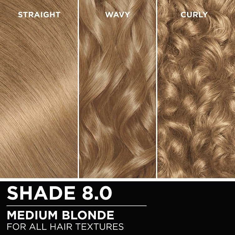 Hair swatches displaying Garnier Olia on straight, wavy, and curly hair textures.