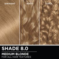 Hair swatches displaying Garnier Olia on straight, wavy, and curly hair textures.