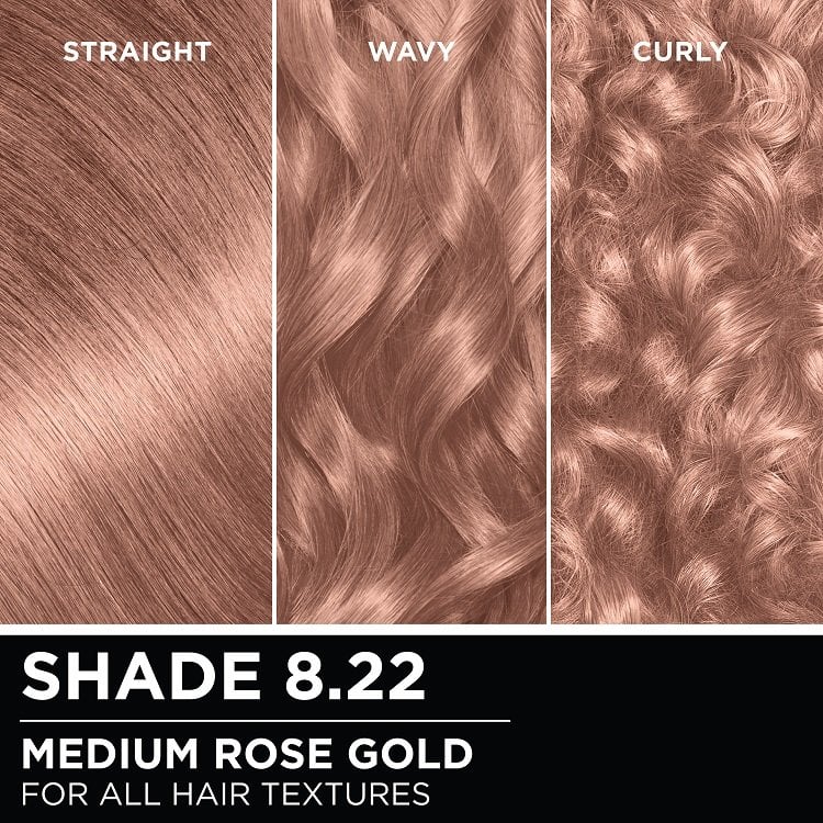 Hair swatches displaying Garnier Olia on straight, wavy, and curly hair textures.