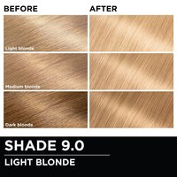 Before and after hair swatches demonstrating the color transformation using Garnier Olia