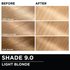 Before and after hair swatches demonstrating the color transformation using Garnier Olia