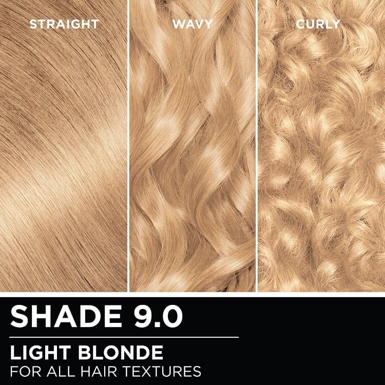 Hair swatches displaying Garnier Olia on straight, wavy, and curly hair textures.