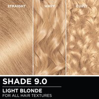 Hair swatches displaying Garnier Olia on straight, wavy, and curly hair textures.