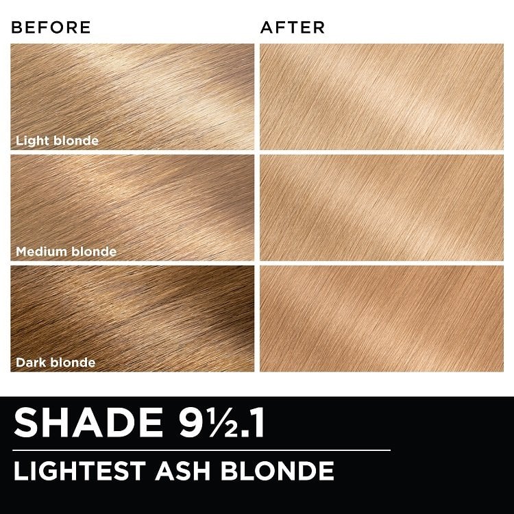 Before and after hair swatches demonstrating the color transformation using Garnier Olia
