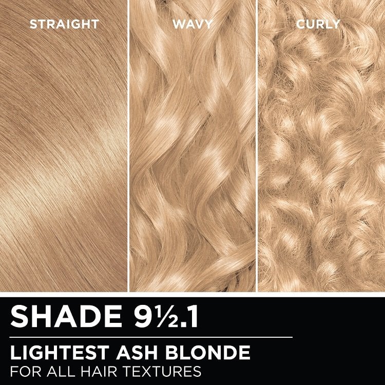 Hair swatches displaying Garnier Olia on straight, wavy, and curly hair textures.