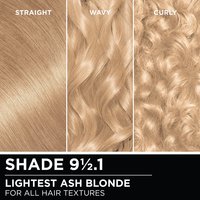 Hair swatches displaying Garnier Olia on straight, wavy, and curly hair textures.
