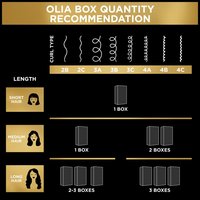 Gold and white informational infographic titled "OLIA BOX QUANTITY RECOMMENDATION" on a dark background. A grid chart cross-references hair type (icons showing straight, wavy, curly, coily) along the top axis and hair length (short, medium, long, extra long) along the left axis. Cells indicate whether 1 BOX, 2 BOXES, or 3–5 BOXES are needed, helping consumers determine the correct amount of product to purchase for full coverage.