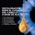 Dark navy promotional graphic for Garnier Olia featuring a large, glistening golden oil droplet at center-right with soft blue flowers in the background. Bold white headline text reads: "OIL POWERED BONDING CARE BLEACH." Below, a bulleted checklist in white reads: "✓ No Ammonia ✓ No Silicones ✓ No Parabens ✓ Vegan Formula."