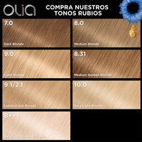 Garnier Olia "Shop Our Blonde Shades" reference chart on a white background with a gold sunflower accent in the top right corner. Six blonde hair color swatches are displayed in a grid, labeled with shade numbers and names: 7.0 Open Blonde, 8.0 Medium Blonde, 9.0 (Light Blonde), 8.31 Medium Golden Blonde, 9 1/2.1 Light Ash Blonde, 10.0 Extra Light Blonde, and 10.1 Extra Light Ash Blonde.