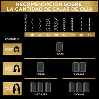 Gold and white informational infographic titled "OLIA BOX QUANTITY RECOMMENDATION" on a dark background. A grid chart cross-references hair type (icons showing straight, wavy, curly, coily) along the top axis and hair length (short, medium, long, extra long) along the left axis. Cells indicate whether 1 BOX, 2 BOXES, or 3–5 BOXES are needed, helping consumers determine the correct amount of product to purchase for full coverage.