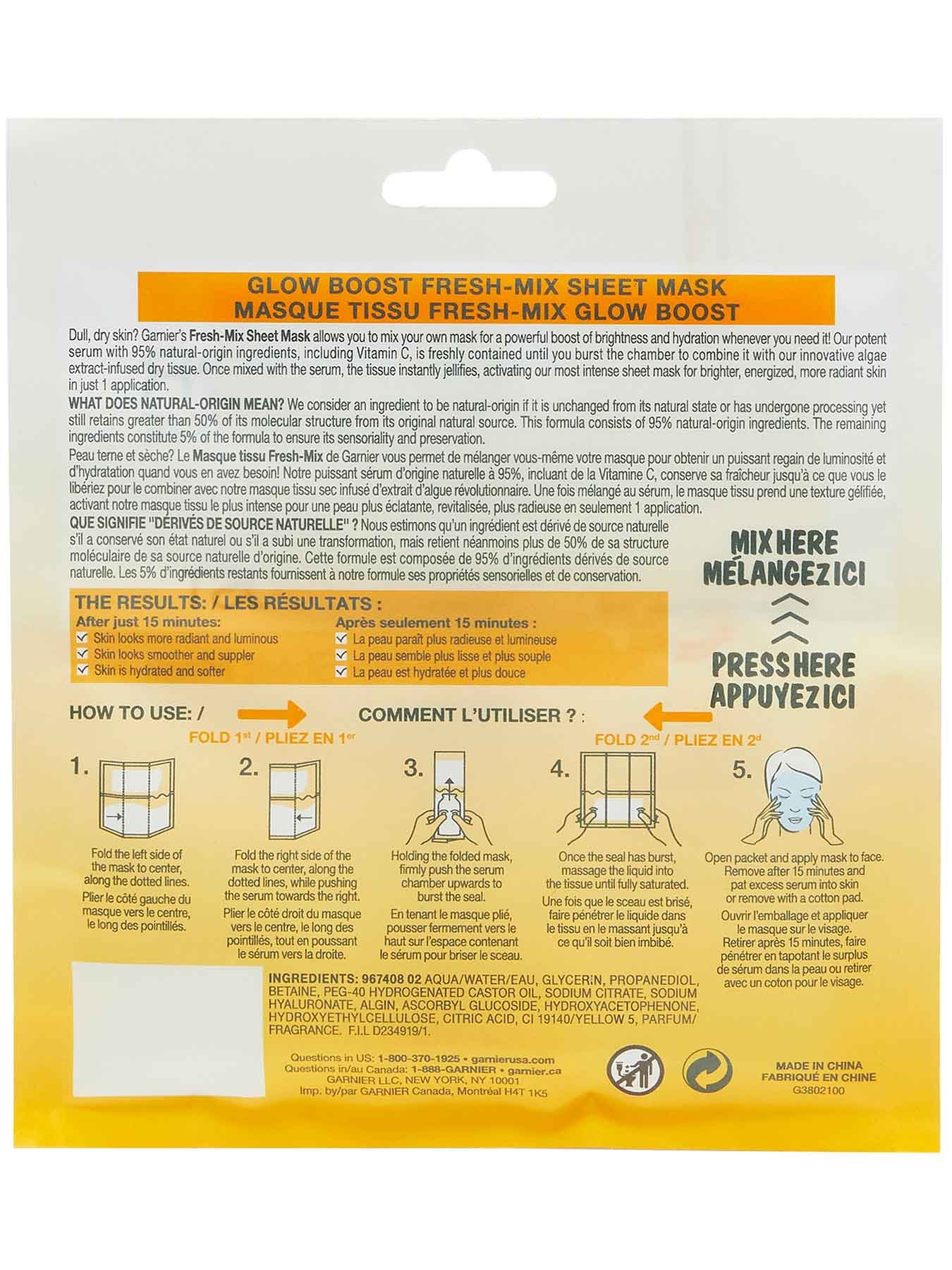 Garnier SkinActive Glow Boost Sheet Mask back Image
