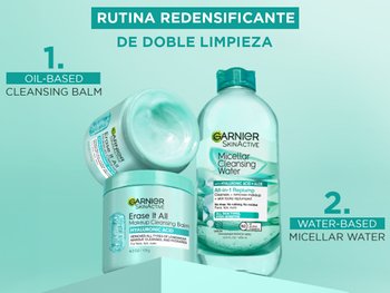 Double cleansing replumping routine: Garnier Makeup Cleansing Balm and Micellar Cleansing Water with hyaluronic acid