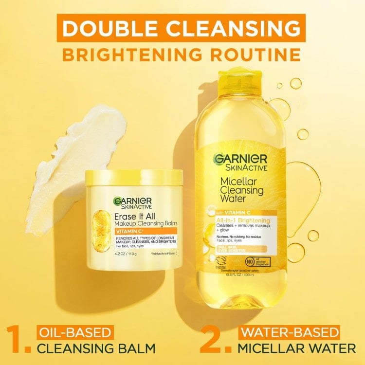 Double cleansing brightening routine with Vitamin C Oil Based Cleansing Balm and Water-Based Micellar Water