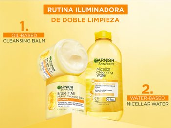 Double cleansing brightening routine: Garnier Makeup Cleansing Balm and Micellar Cleansing Water with vitamin C